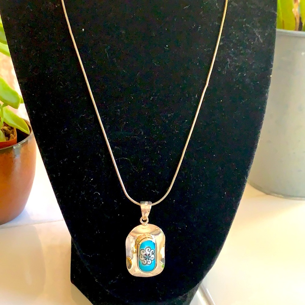 Sterling silver chain w/ornate hand-painted stone
